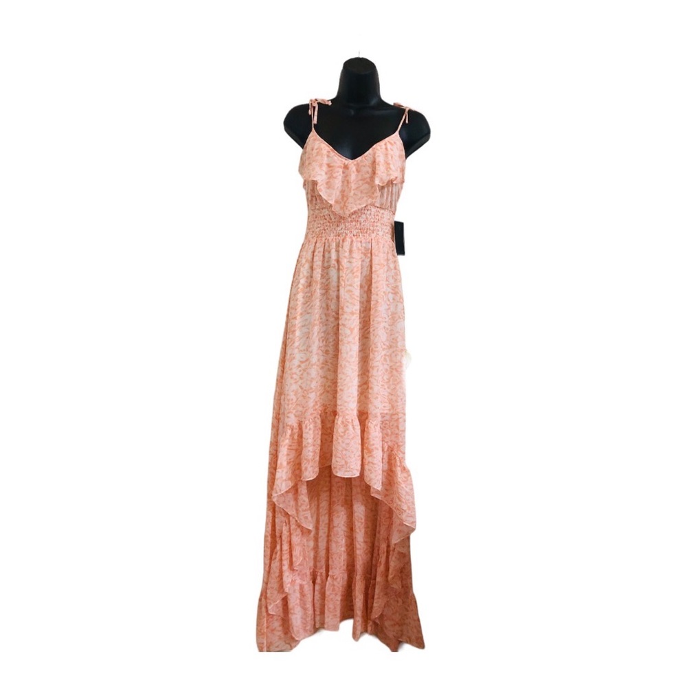 Guess orange‎ white swirl High Low tiered ruffled v-neck front maxi dress size M